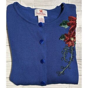 Womens Quacker Factory Christmas Cardigan‎ Size Med. Sequined Poinsettia Sweater